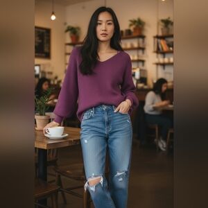 GAP V-Neck Balloon Sleeve Sweater in Plum